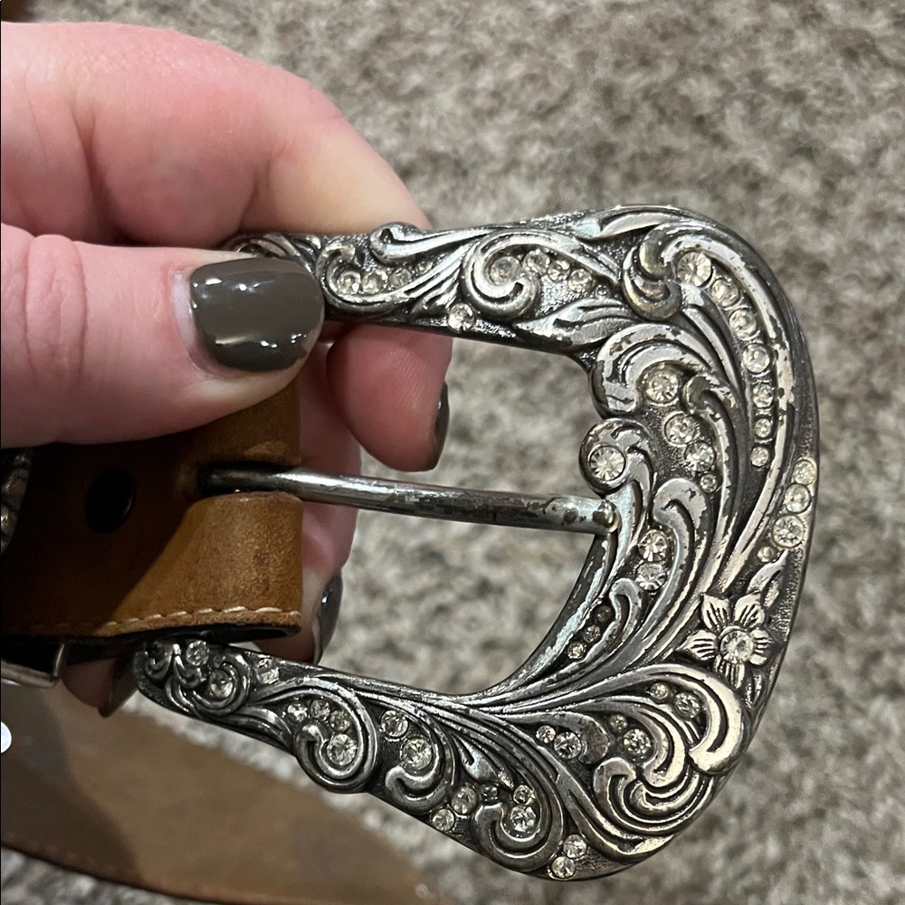 Western Brown Leather Belt with Silver Buckle - Picture 6 of 10